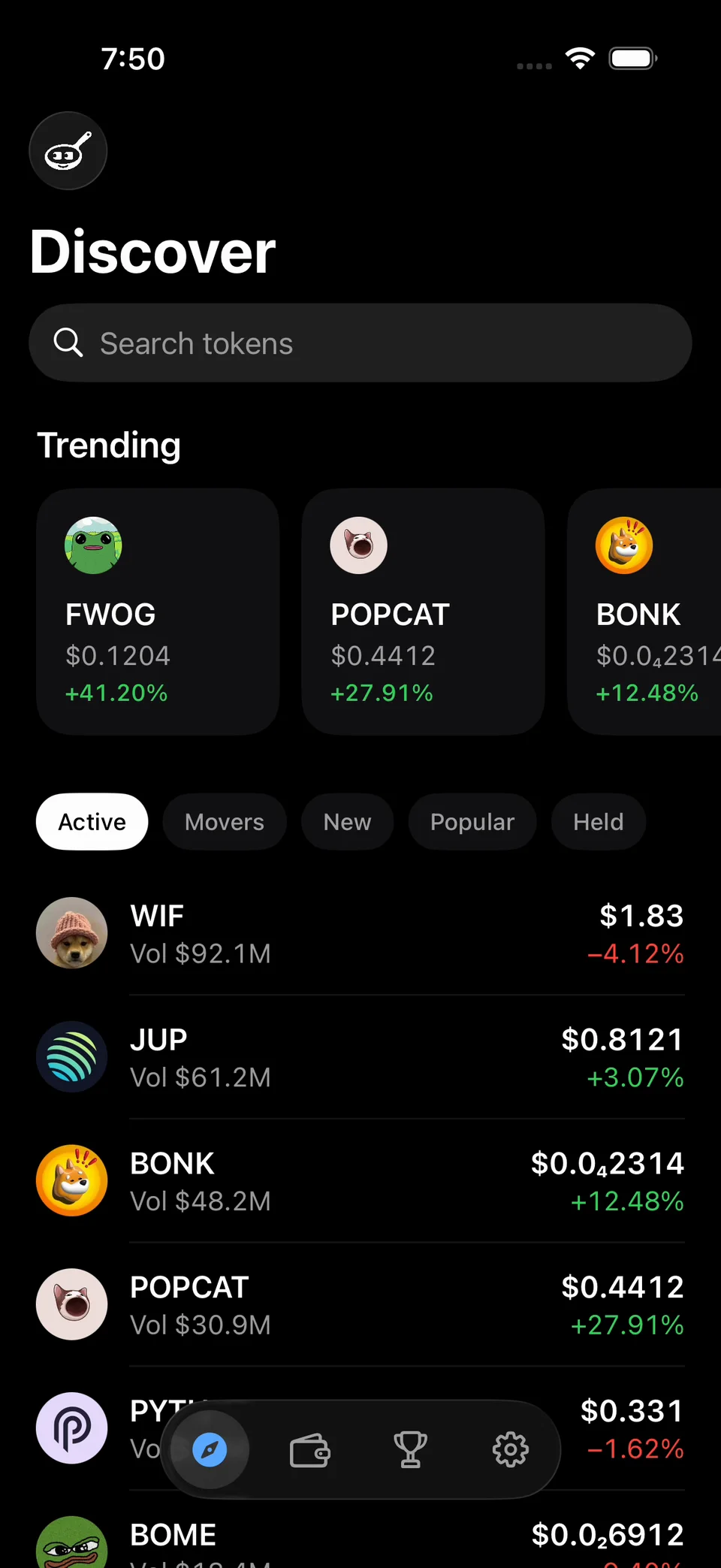 Cooked on iPhone: the Discover tab, with trending FWOG up 41.20%, POPCAT up 27.91% and BONK up 12.48%, above a list of tokens with their prices and volumes.